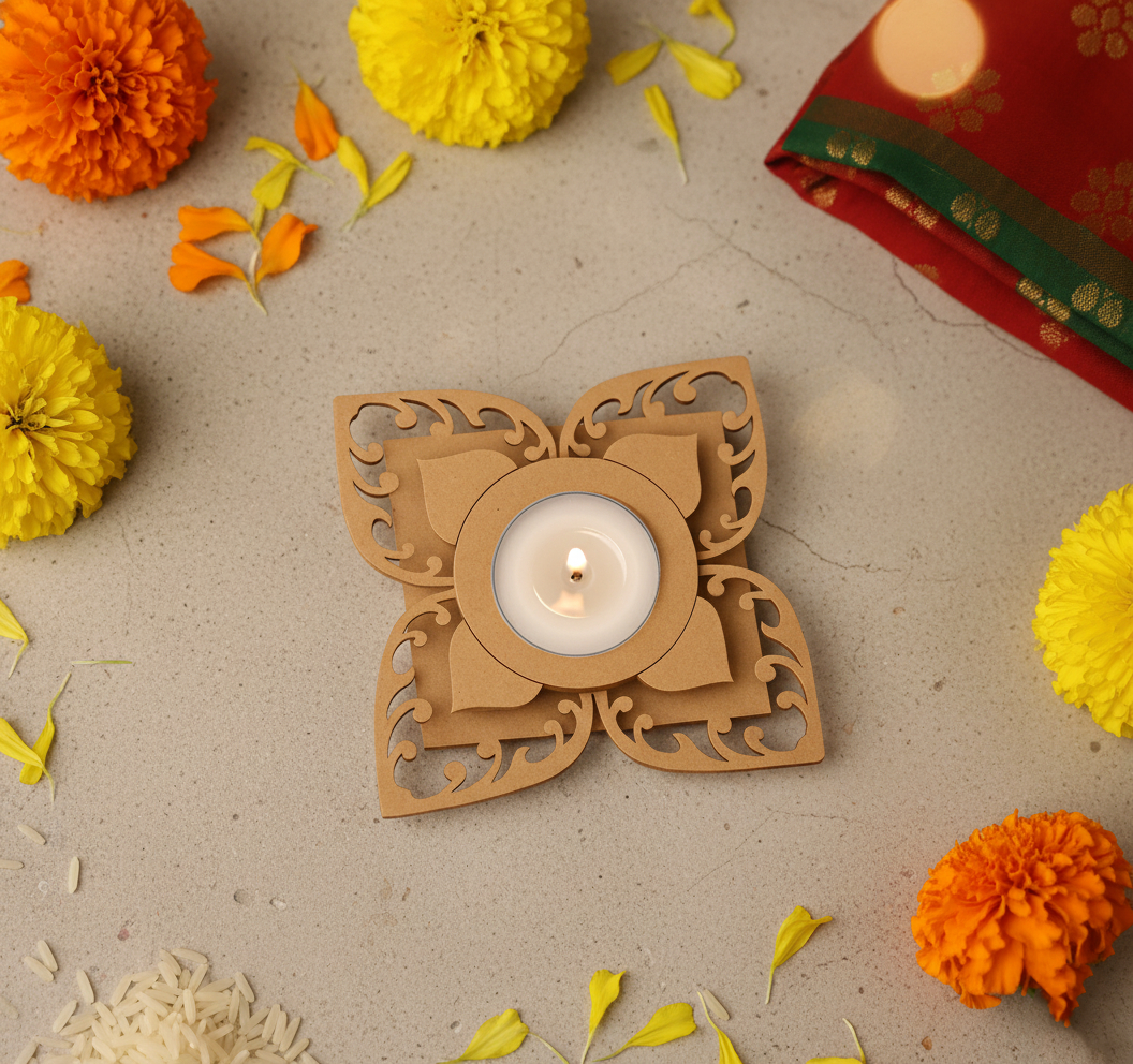 Decorative MDF candle holder with a lit candle surrounded by marigold flowers on a light background