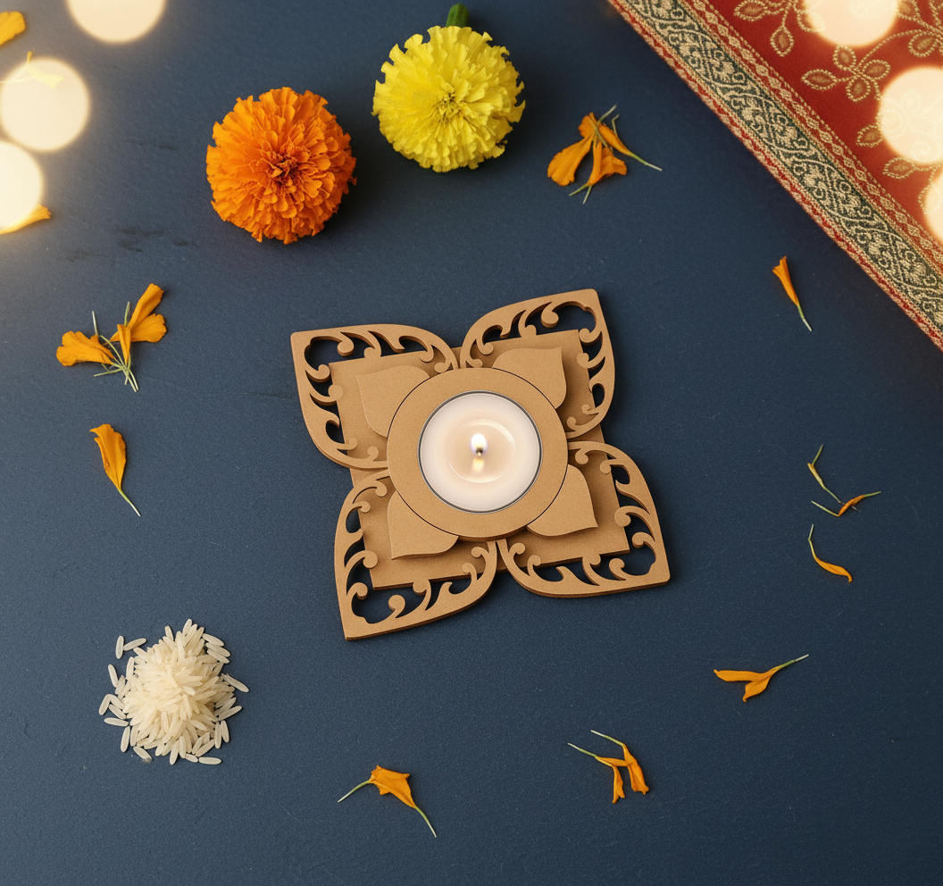 Decorative MDF candle holder with flowers on a dark surface