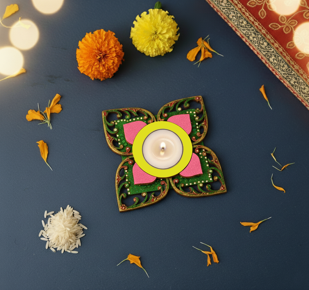 Decorative MDF candle holder with flowers and lights on a dark surface
