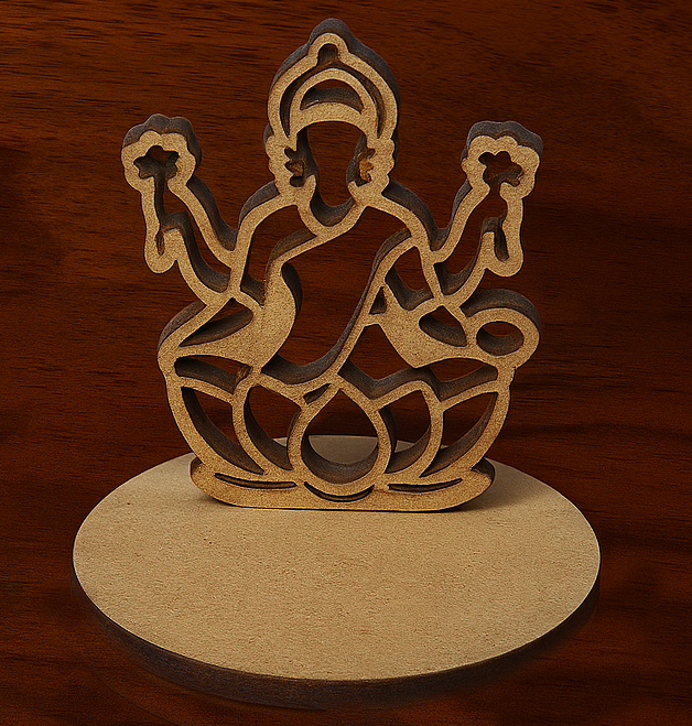 Laser-cut MDF Laxmiji silhouette tea-light candle holder on wooden surface