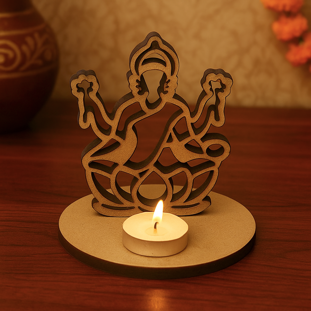 MDF Laxmi ji deity figure with a candle on a wooden base