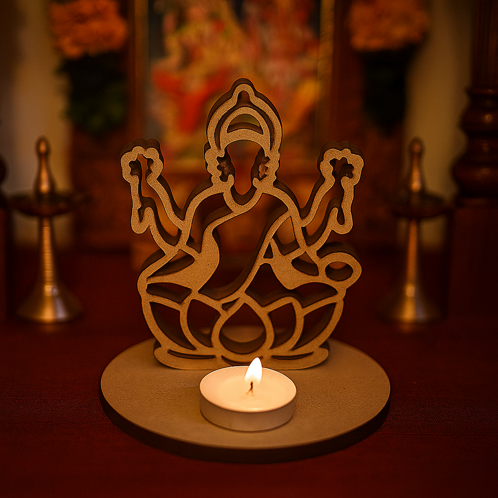 MDF Laxmi ji deity figure with a candle on a dark background