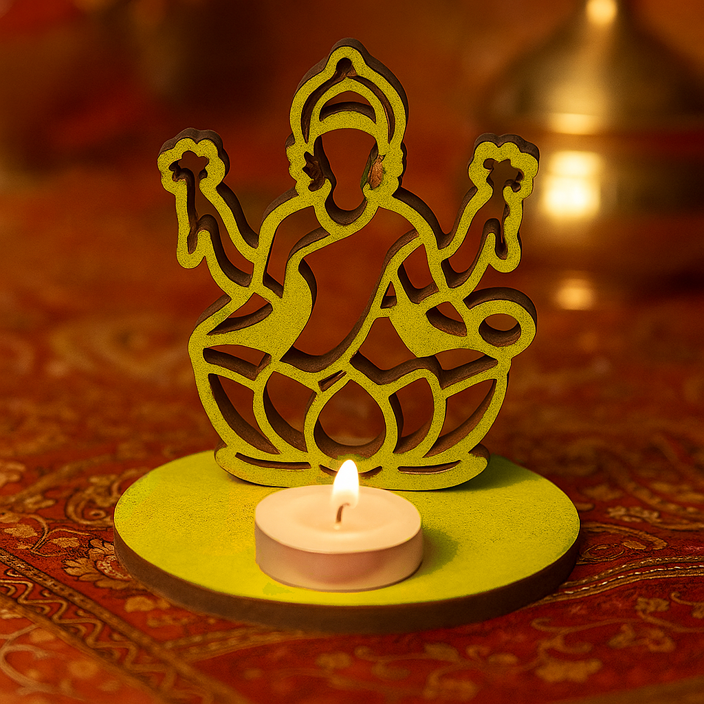 MDF Laxmi ji candle holder with a silhouette of a deity on a warm-toned fabric background