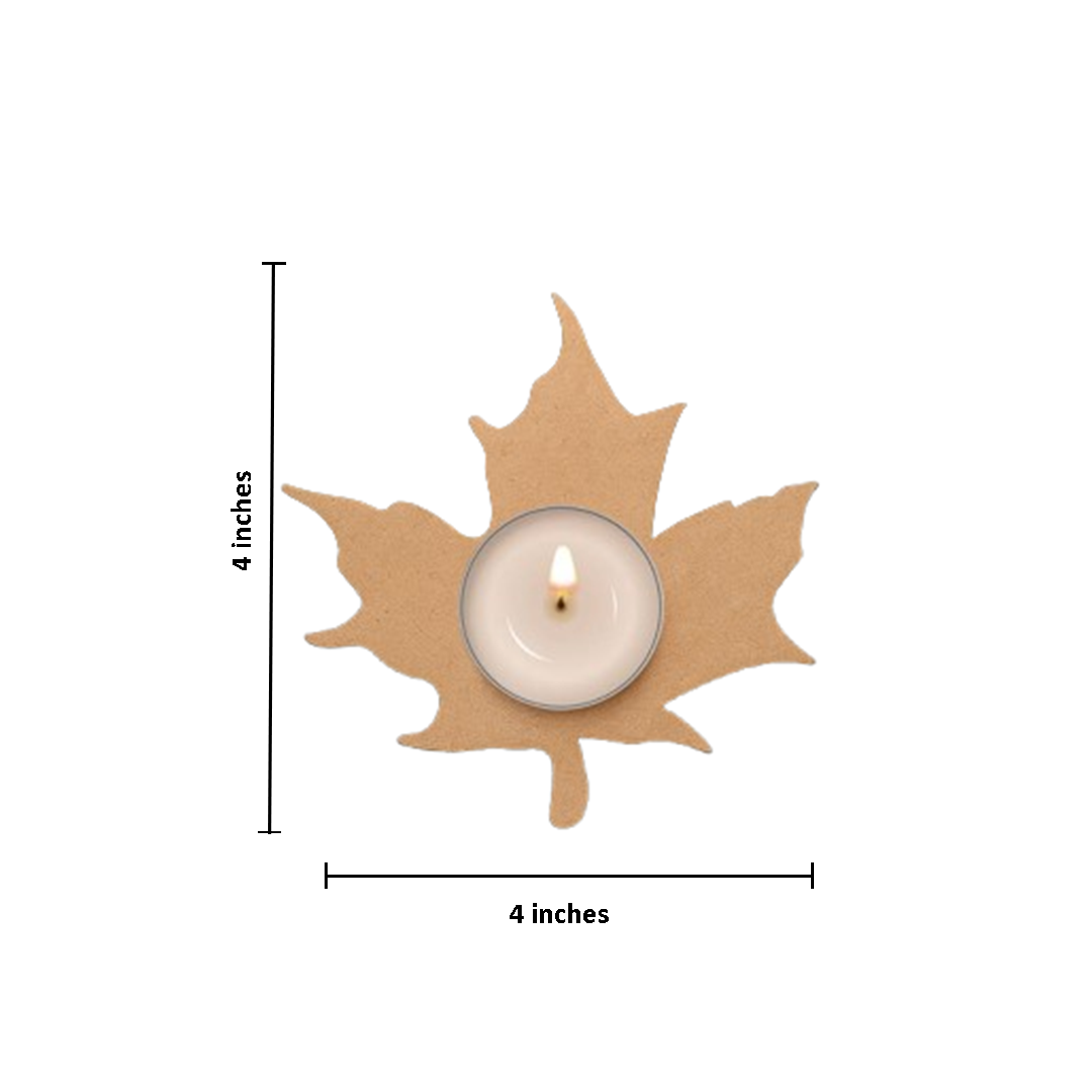 Leaf-shaped candle holder with a lit candle inside, shown with dimensions on a white background.