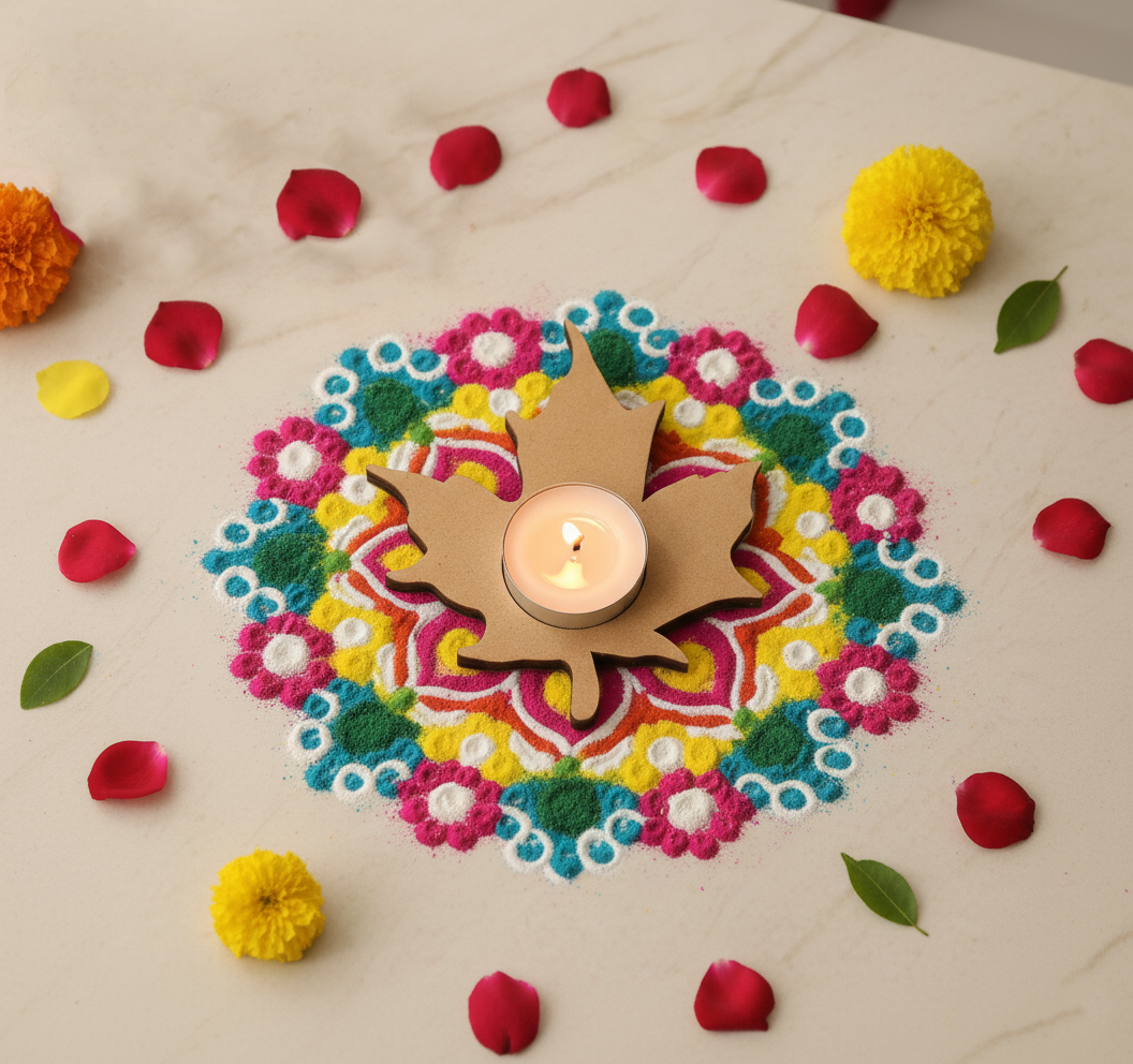 Decorative MDF  candle holder with colorful floral design on a light background