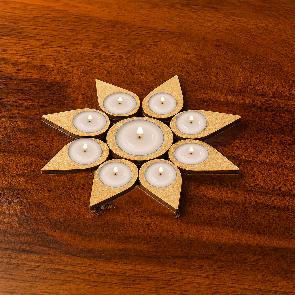  Leaf-shaped MDF tea light holder without candles on wooden surface