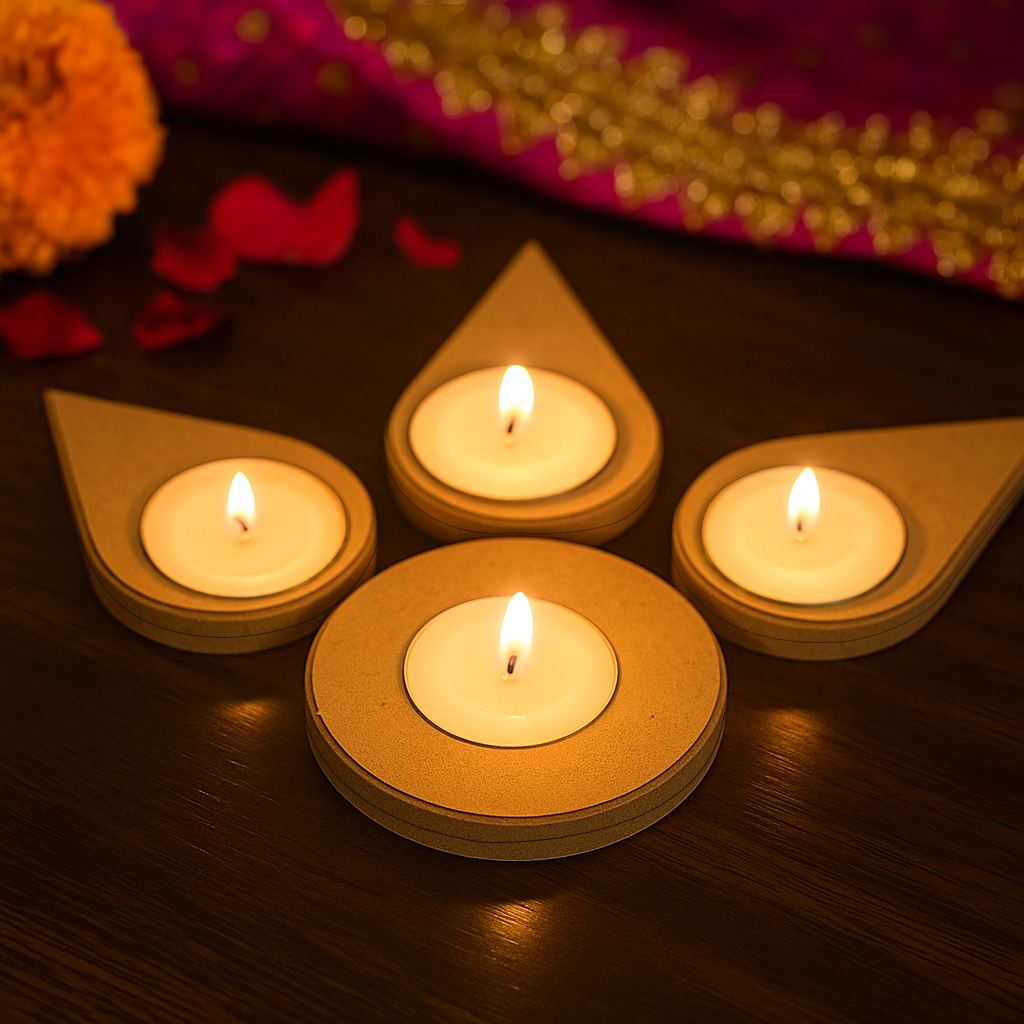 Four lit candles in decorative holders on a dark surface with flowers and fabric in the background.