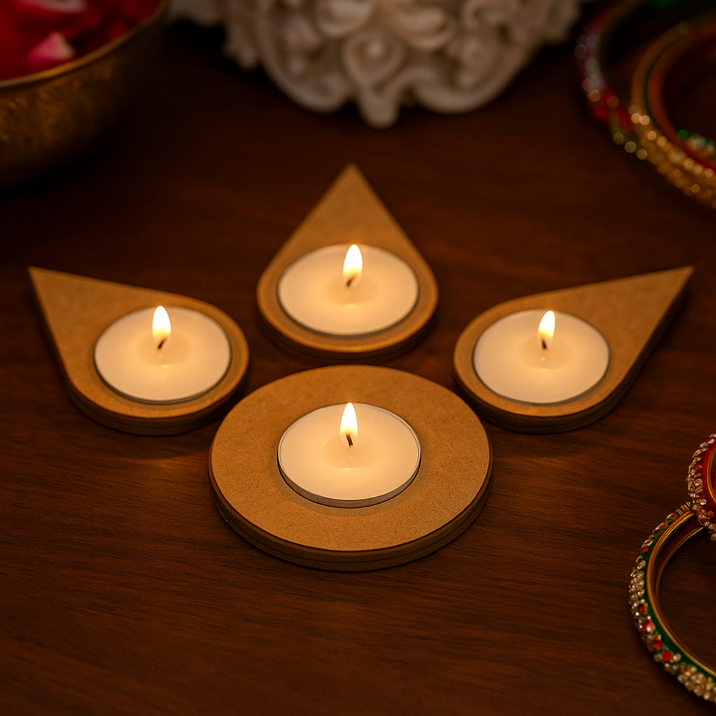 Four lit candles in MDF leaf-shaped candle holders on a wooden surface with decorative elements.