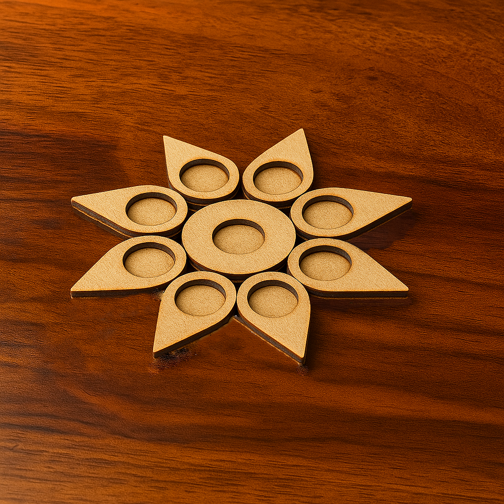 Leaf-shaped MDF tea light holder with multiple tealights lit on wooden surface