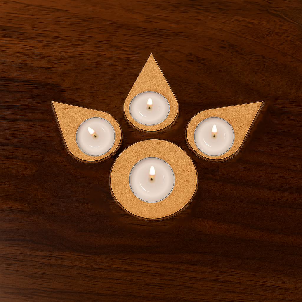 Minimal leaf-shaped MDF tea light holder arrangement with three lit candles