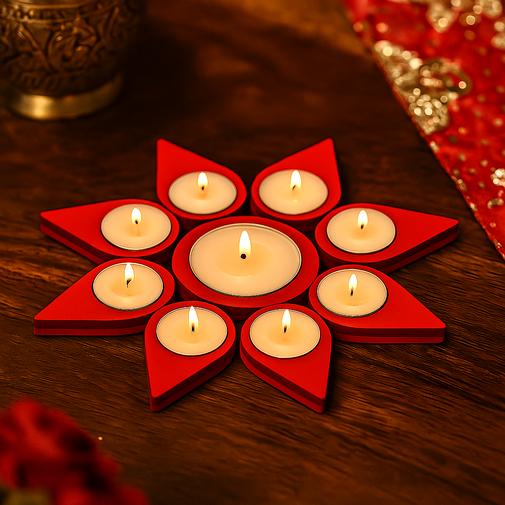 Decorative candle holder with red triangular shelves holding lit candles on a wooden surface.