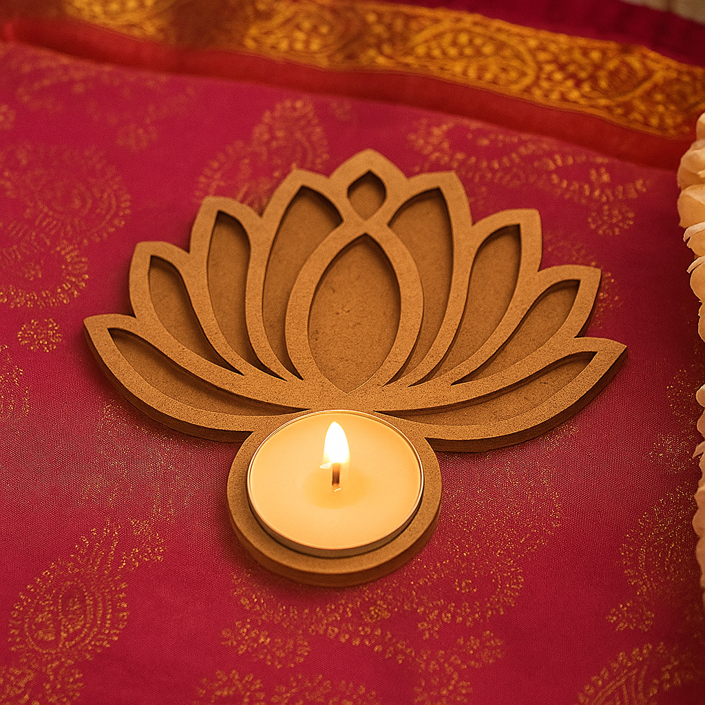 MDF tealight lotus-shaped candle holder with a lit candle on a red fabric background