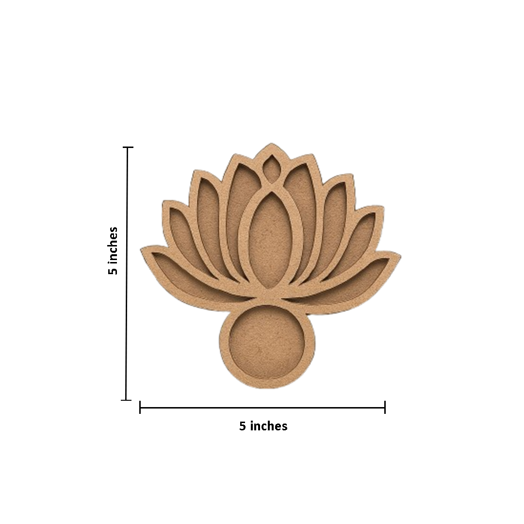 MDF  lotus flower design tealight candle holder with dimensions on a white background