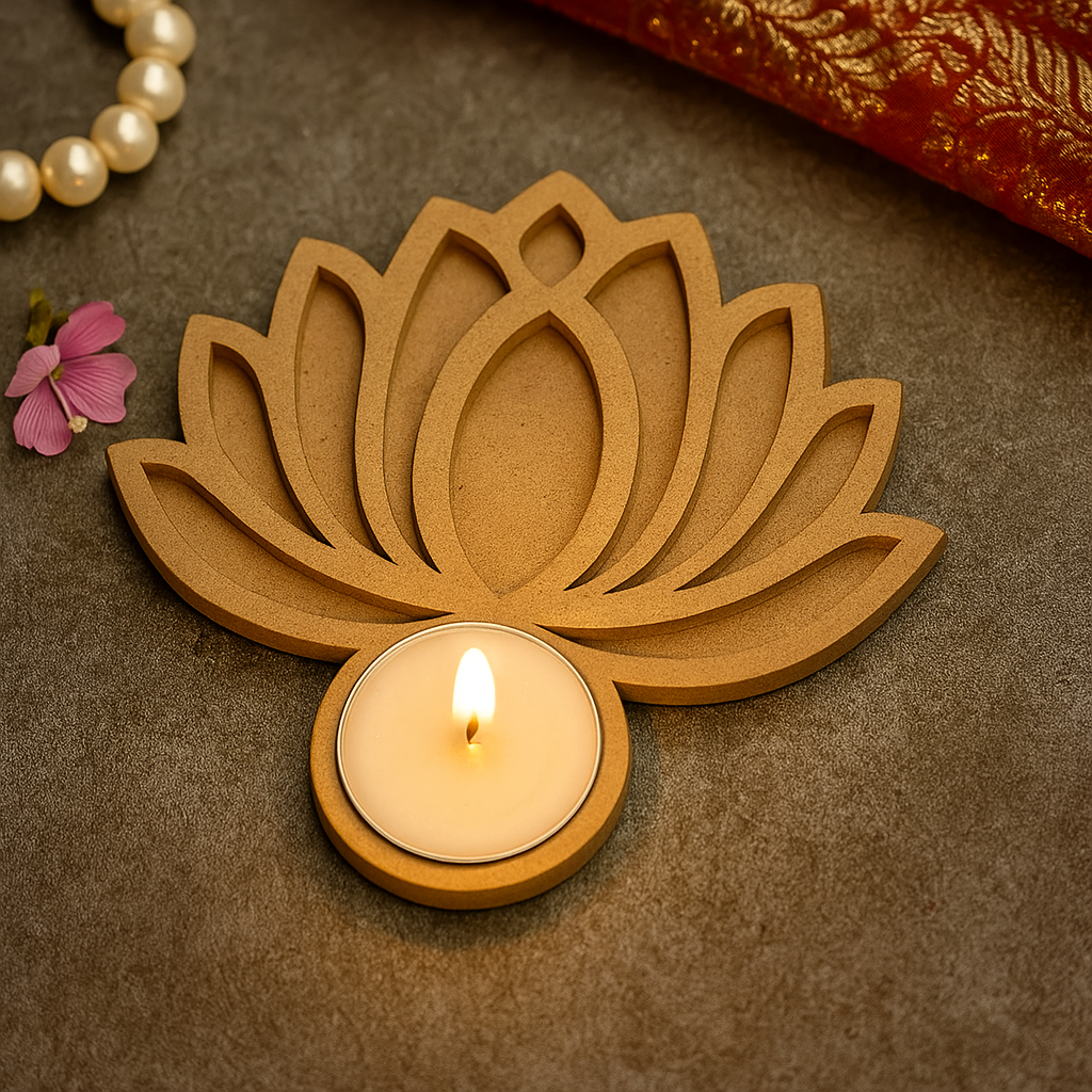 MDF lotus-shaped candle holder with a lit candle on a textured surface.