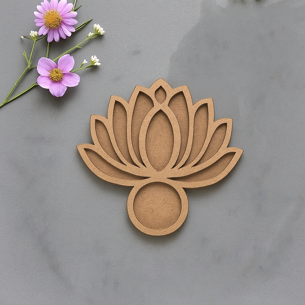 Lotus-shaped MDF candle stand styled with floral accent