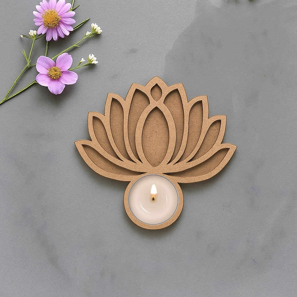 MDF lotus tea light holder with lit candle on grey background
