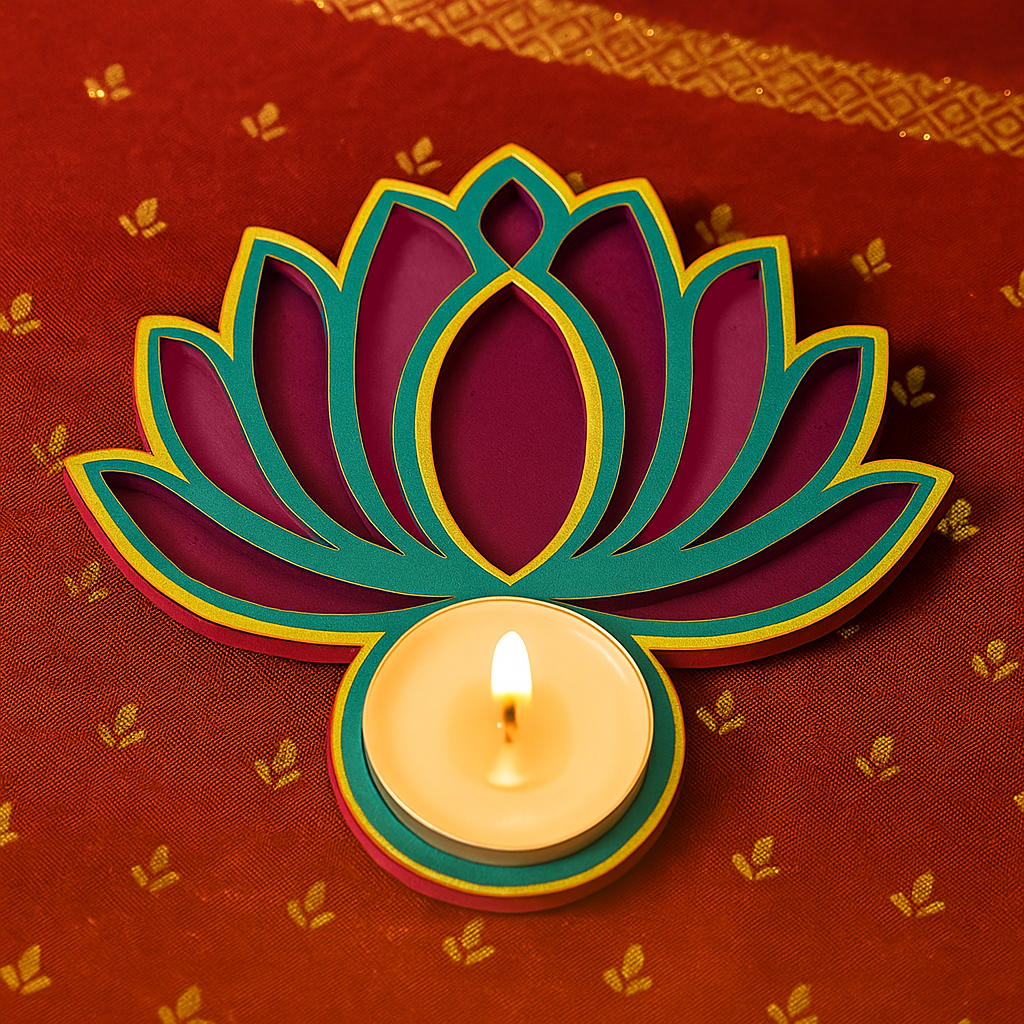 Handpainted MDF lotus-shaped candle holder with a lit candle on a red fabric background.