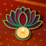 Handpainted MDF lotus-shaped candle holder with a lit candle on a red fabric background.