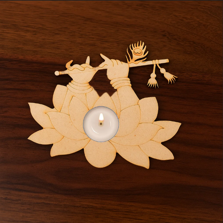 MDF Krishna ji's hands shape tealight candle holder with a lit candle on a wooden surface