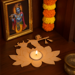 MDF Krishna ji's hands shape tealight candle holder with a framed painting, lit candle, and floral arrangement on a wooden surface.