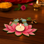 MDF handpainted Krishna ji's hands shape tealight candle holder with a lit candle on a wooden surface.
