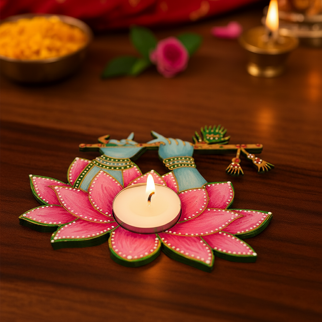 MDF handpainted Krishna ji's hands shape tealight candle holder with a lit candle on a wooden surface.