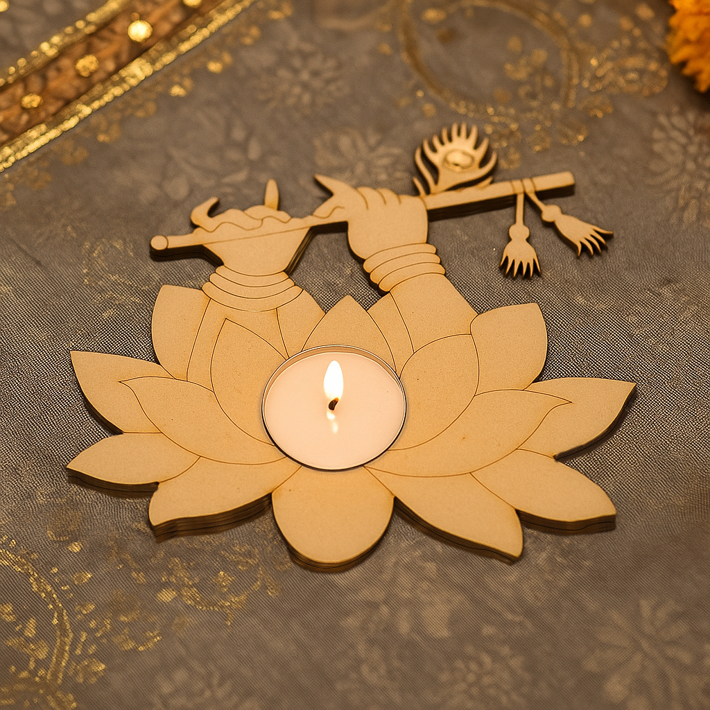 MDF Krishna ji's hands shape tealight candle holder on a textured fabric background