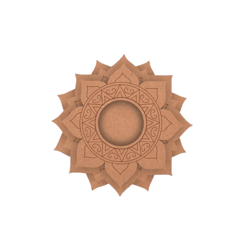 Mandala tea‑light candle holder wooden boho meditation deco on white background.