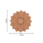 Decorative brown circular object with intricate patterns and measurements on a white background