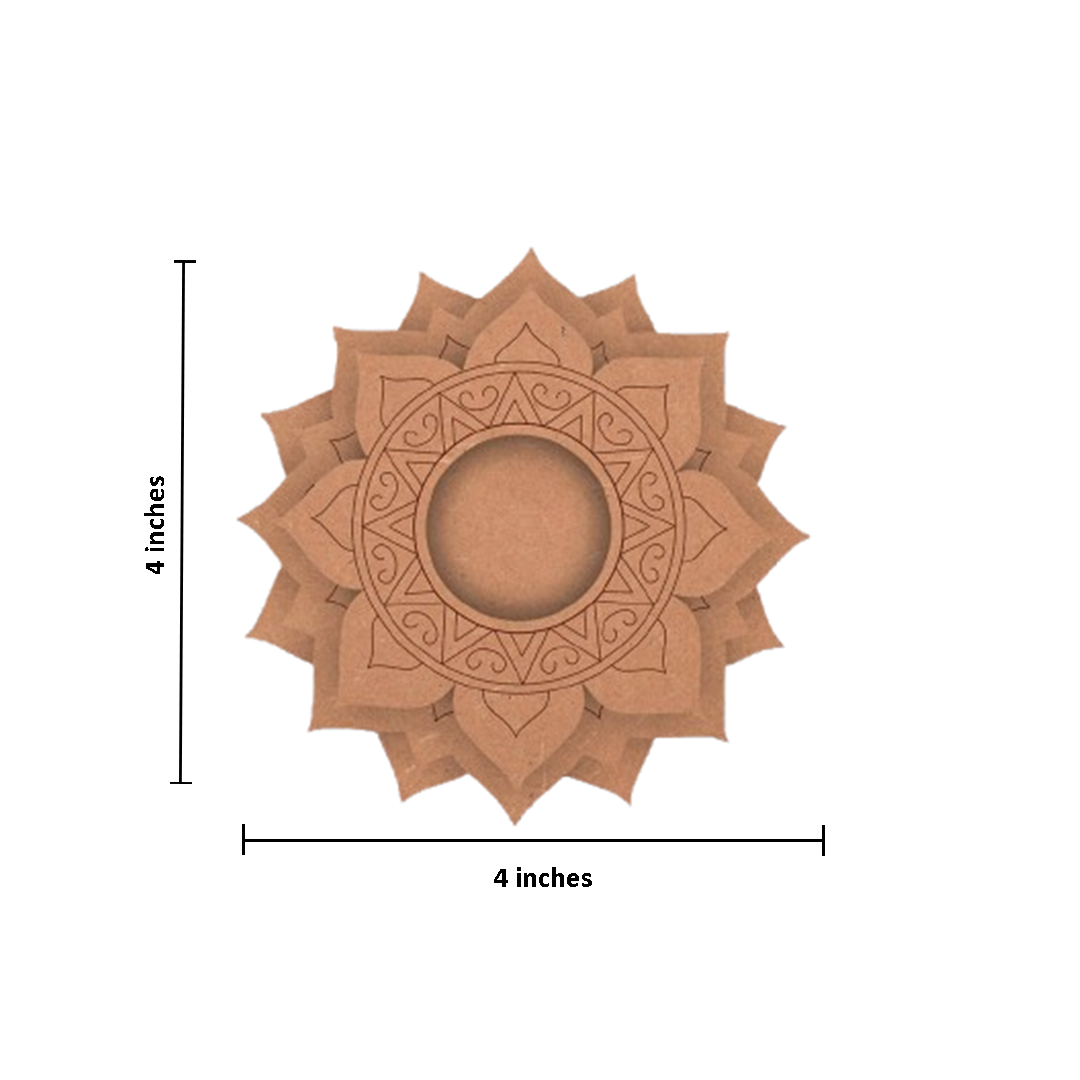 Decorative brown circular object with intricate patterns and measurements on a white background