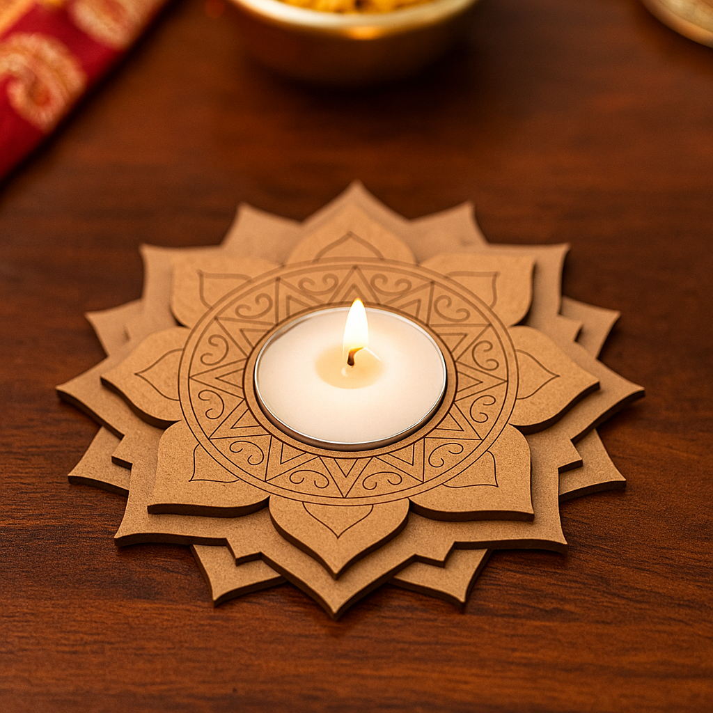Decorative mdf tealight candle holder with a lit candle on a wooden surface