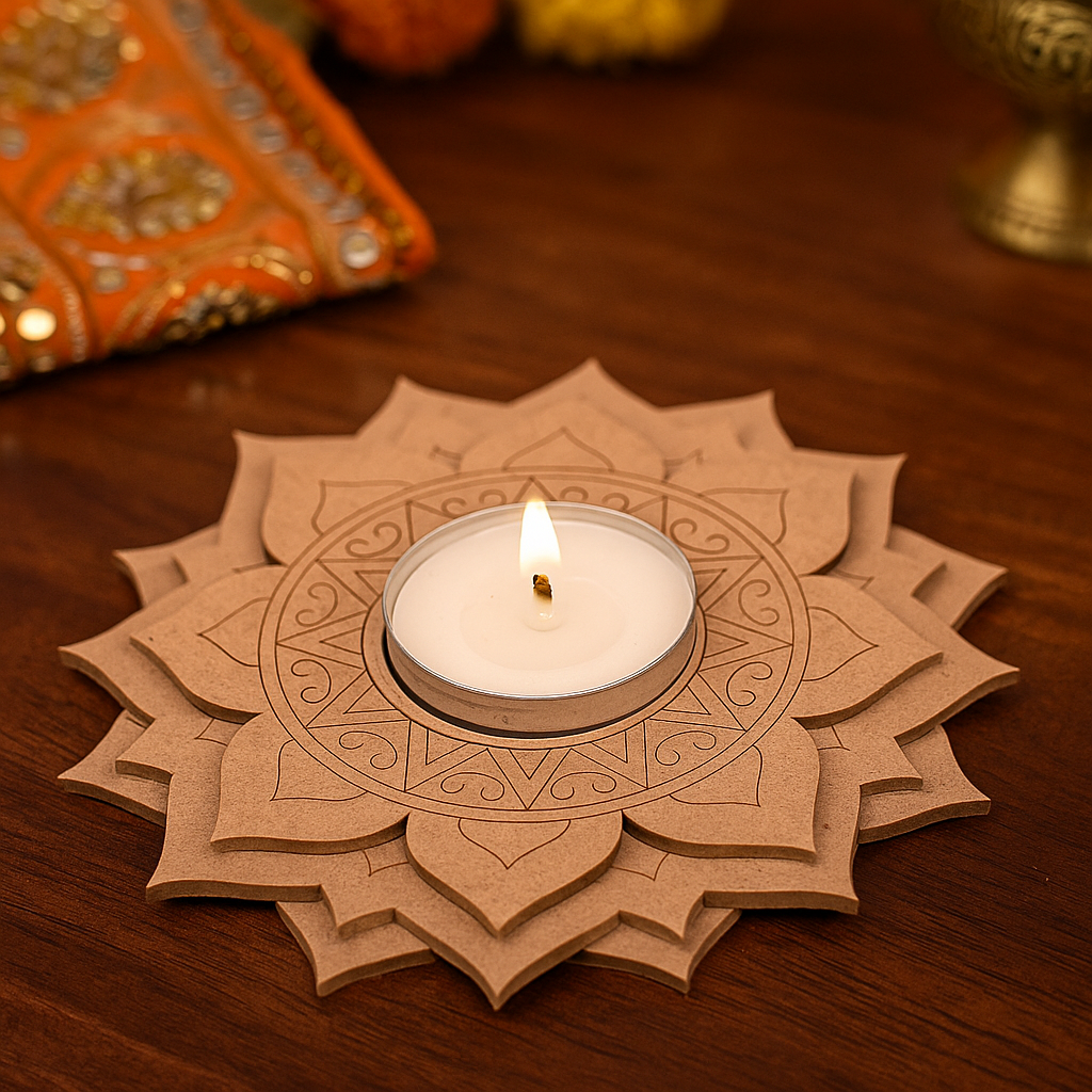 Decorative mdf tealight candle holder with a lit candle on a wooden surface.