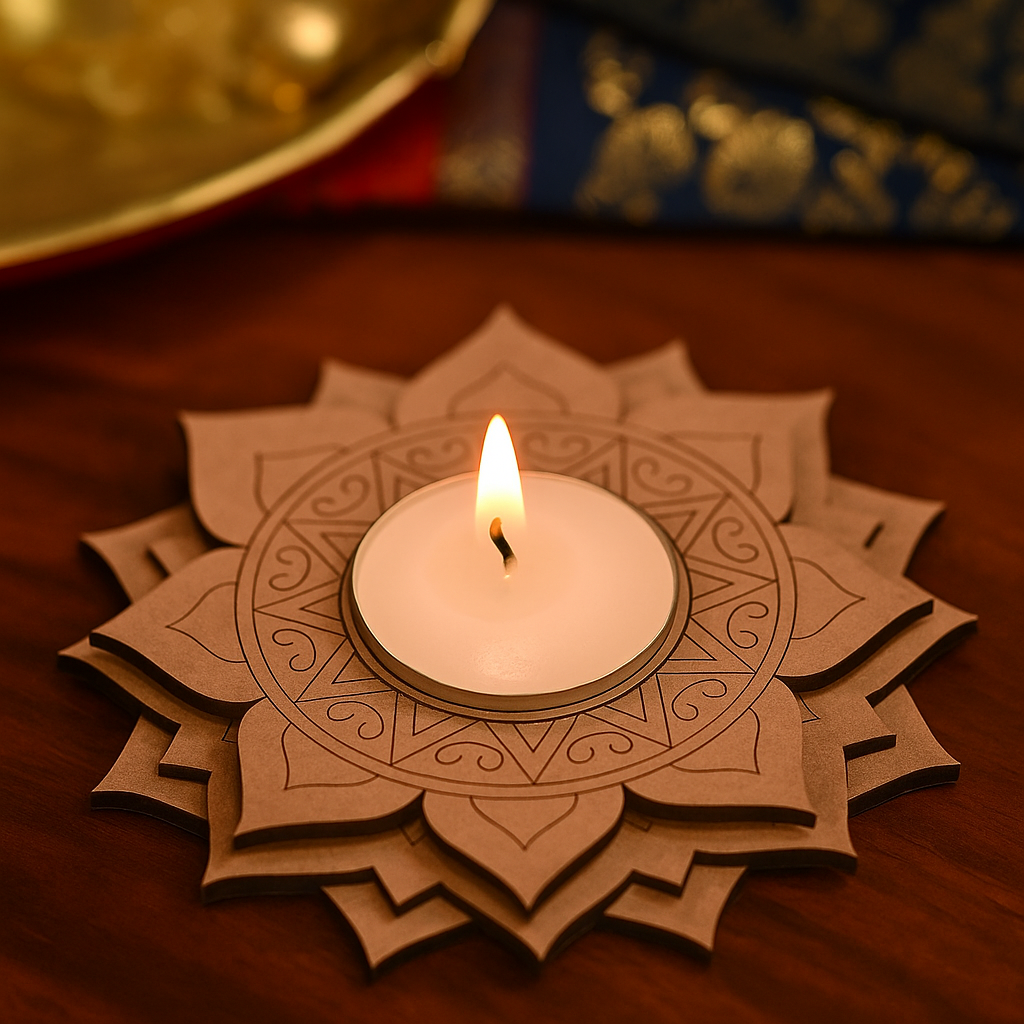 Candle in a decorative mdf tealight candle holder on a wooden surface