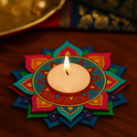 Hand painted tealight candle holder with a colorful mandala design on a dark background