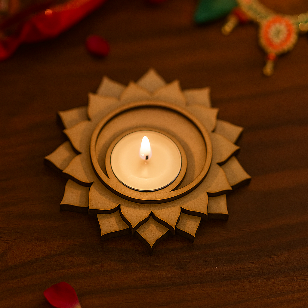 Decorative candle holder with a lit candle on a wooden surface