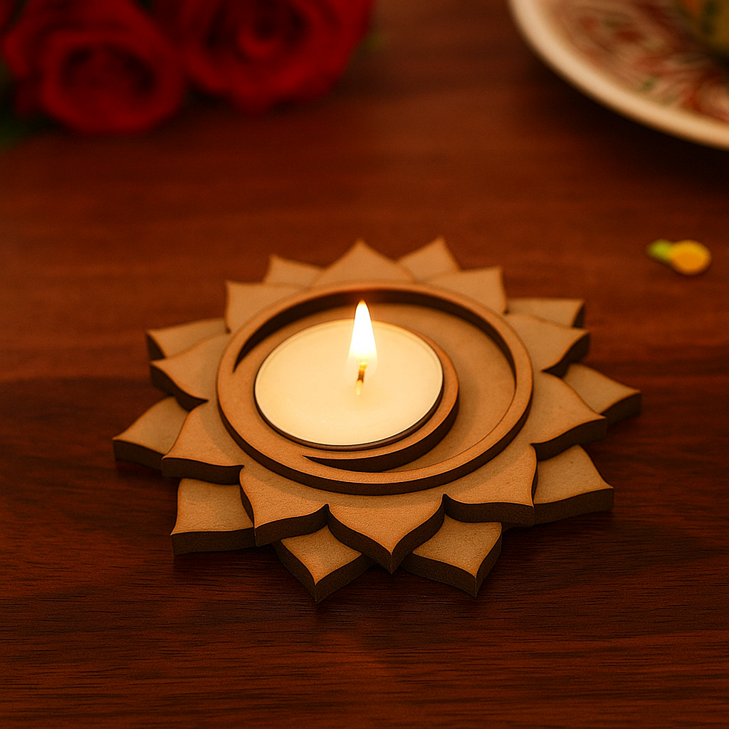 MDF candle holder with a lit candle on a wooden surface