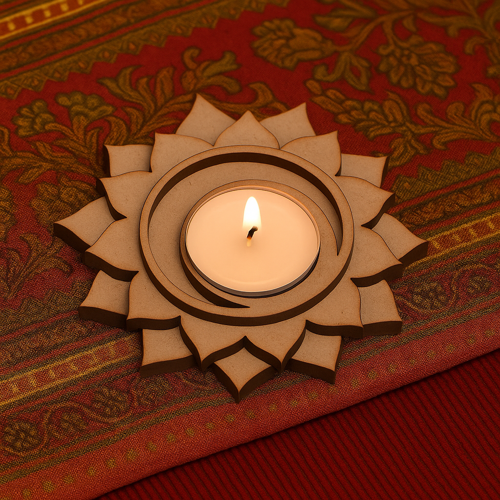 Decorative candle holder with a lit candle on a red patterned fabric background.