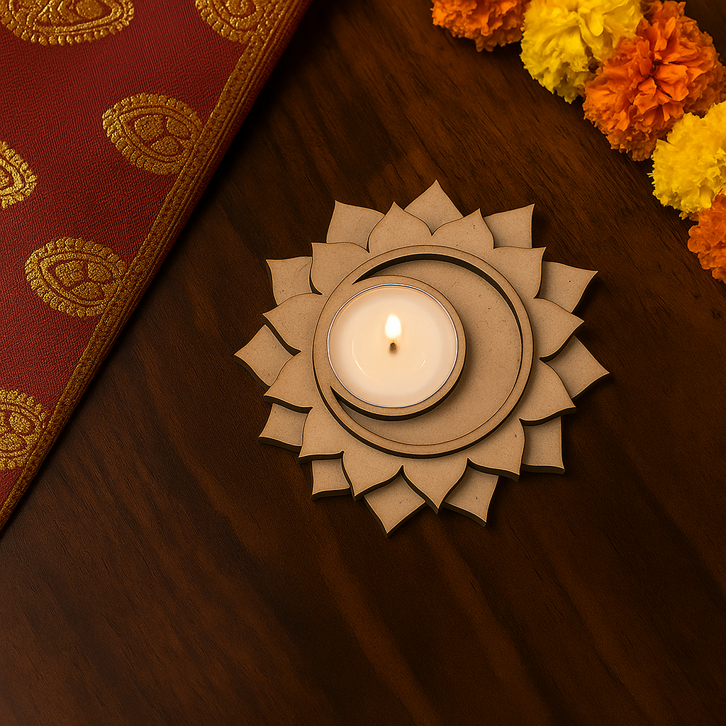 Decorative candle holder with a lit candle on a wooden surface with marigold flowers and a red fabric.