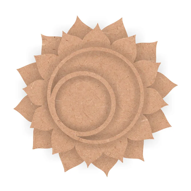 Brown circular decorative item with petal-like extensions on a white background