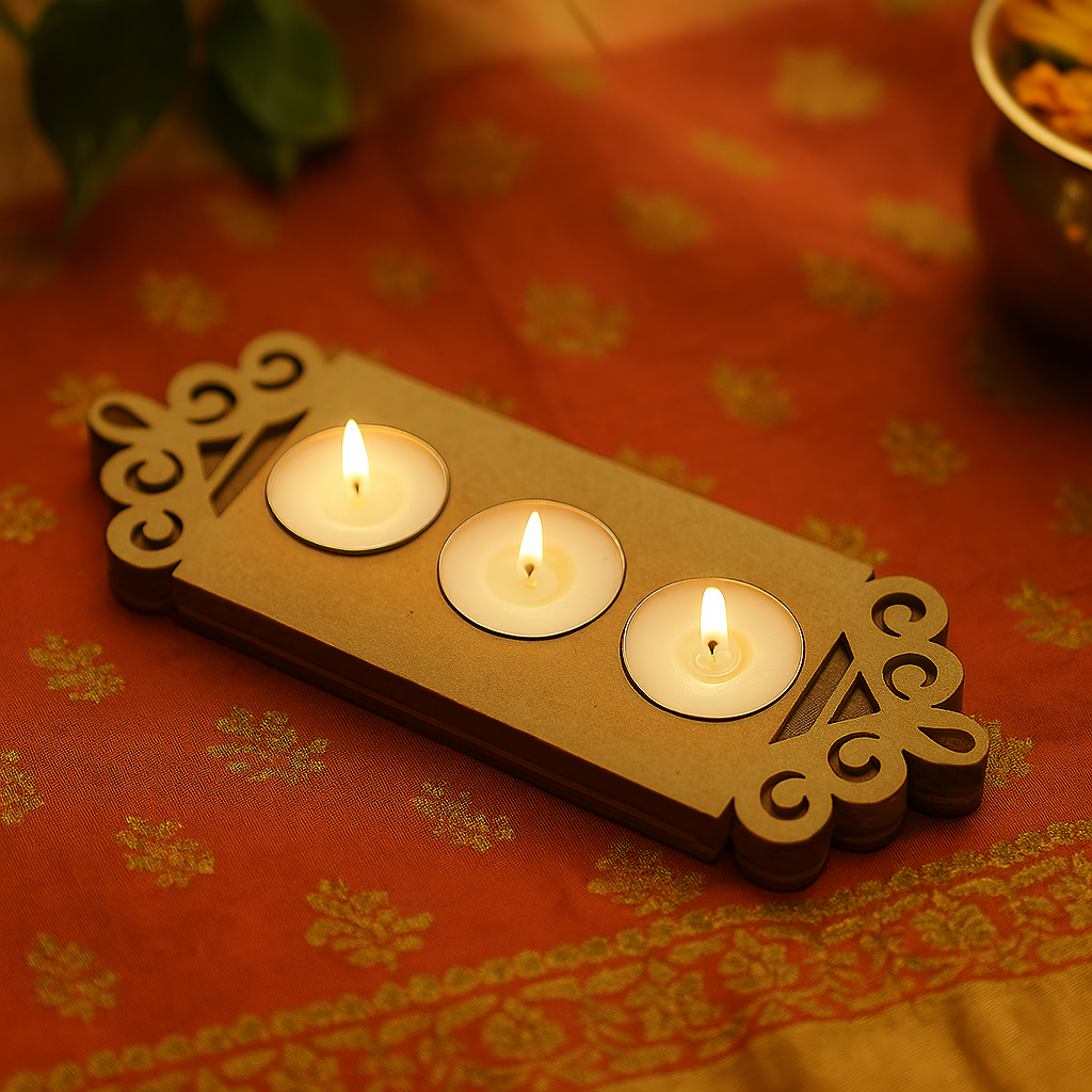 Floral border MDF tealight candle holder with three lit candles for festive home decoration