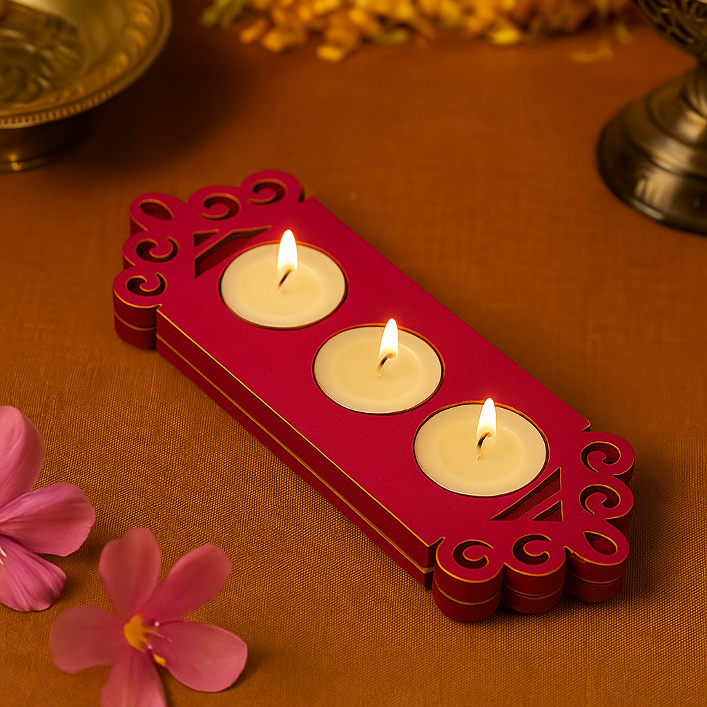Floral border MDF tealight candle holder with three lit candles for festive home decoration