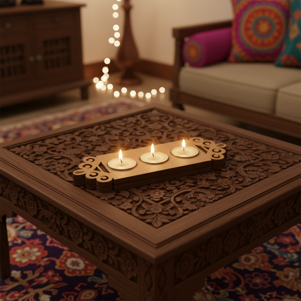 Floral border MDF tealight candle holder with three lit candles for festive home decoration