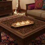 Floral border MDF tealight candle holder with three lit candles for festive home decoration