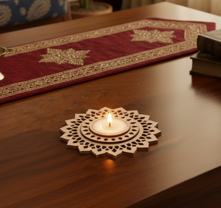Decorative candle holder with a lit candle on a wooden table, featuring a red embroidered runner.
