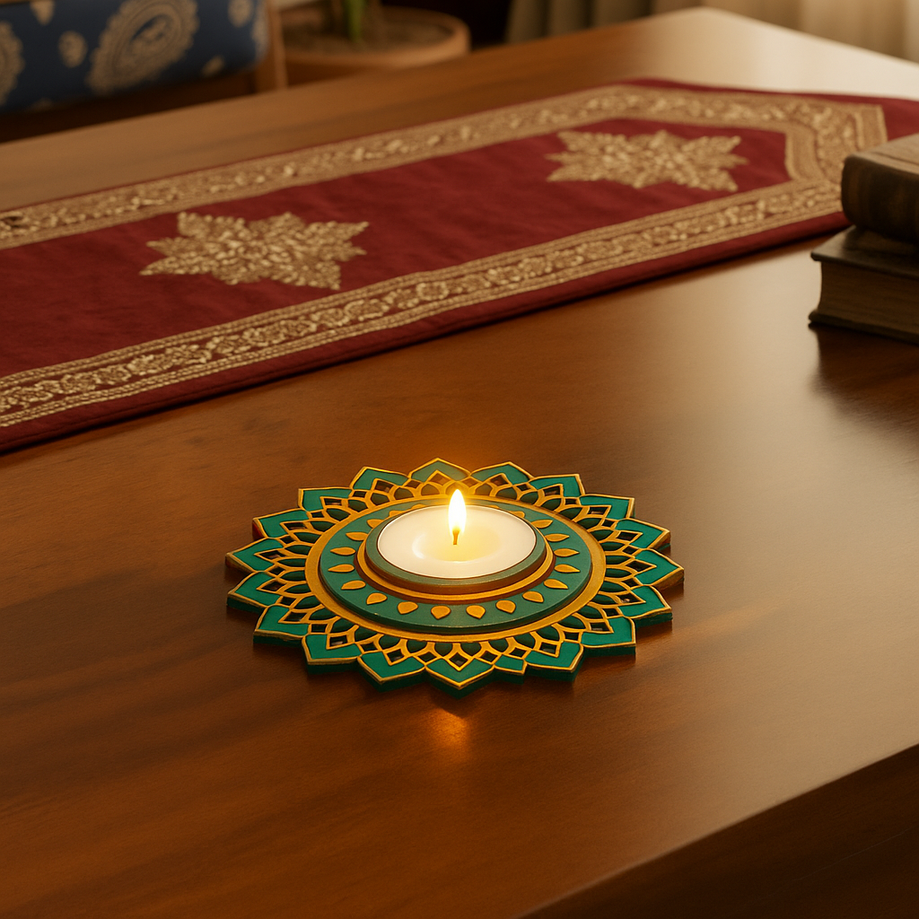 Decorative candle holder with a lit candle on a wooden surface