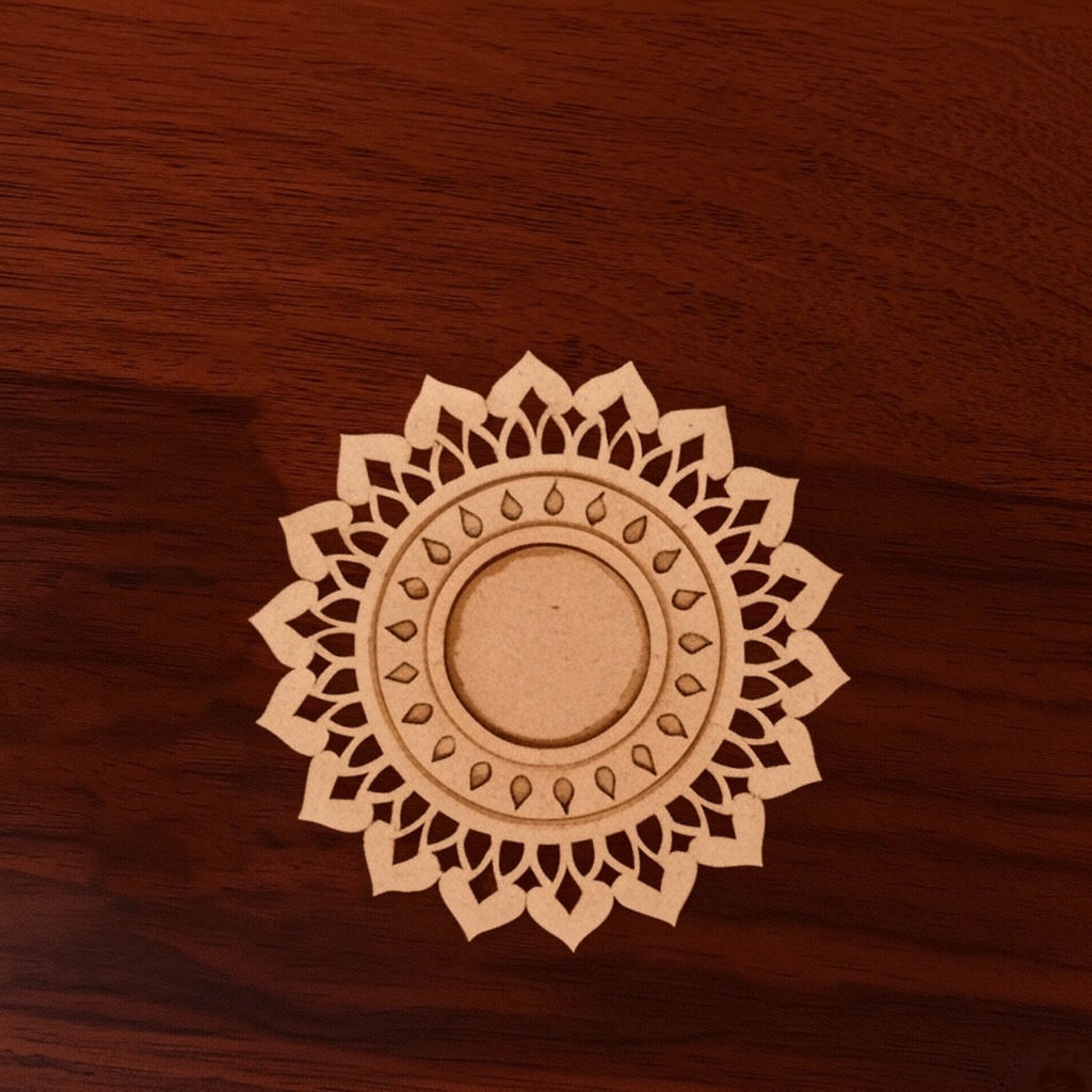Decorative MDF mandala on a wooden surface