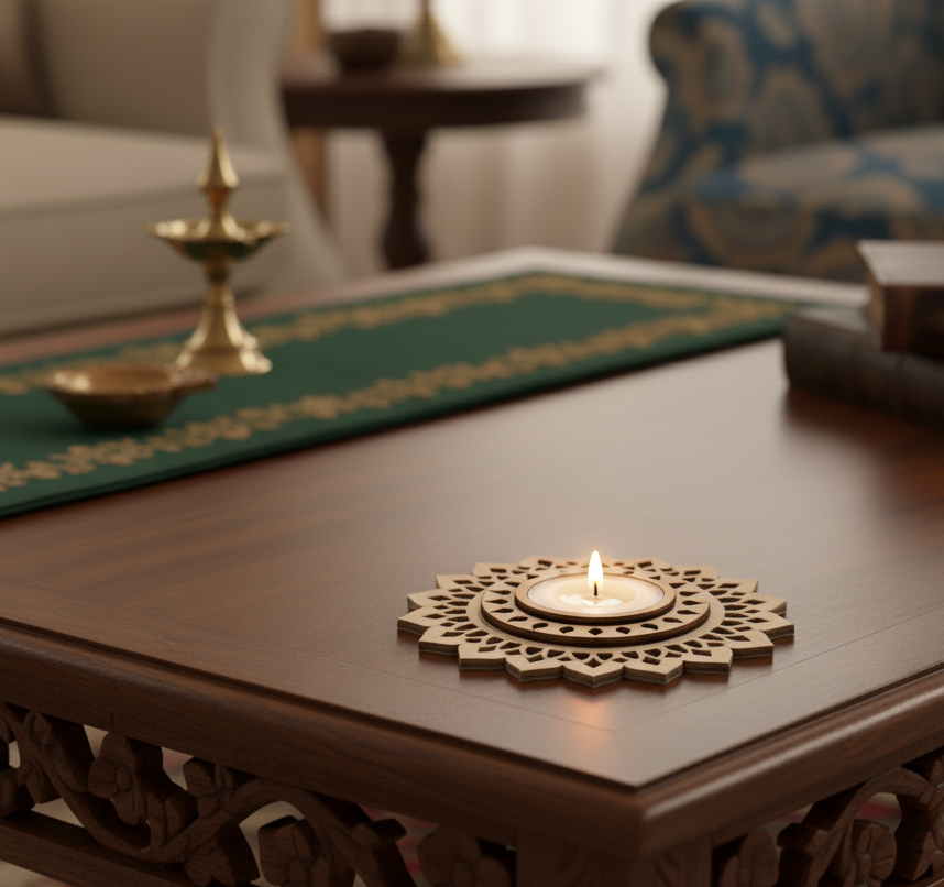 Decorative candle holder on a wooden table with a blurred background