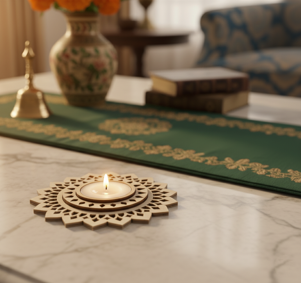 Decorative candle holder with a lit candle on a green tablecloth with gold patterns, in a softly blurred room setting.