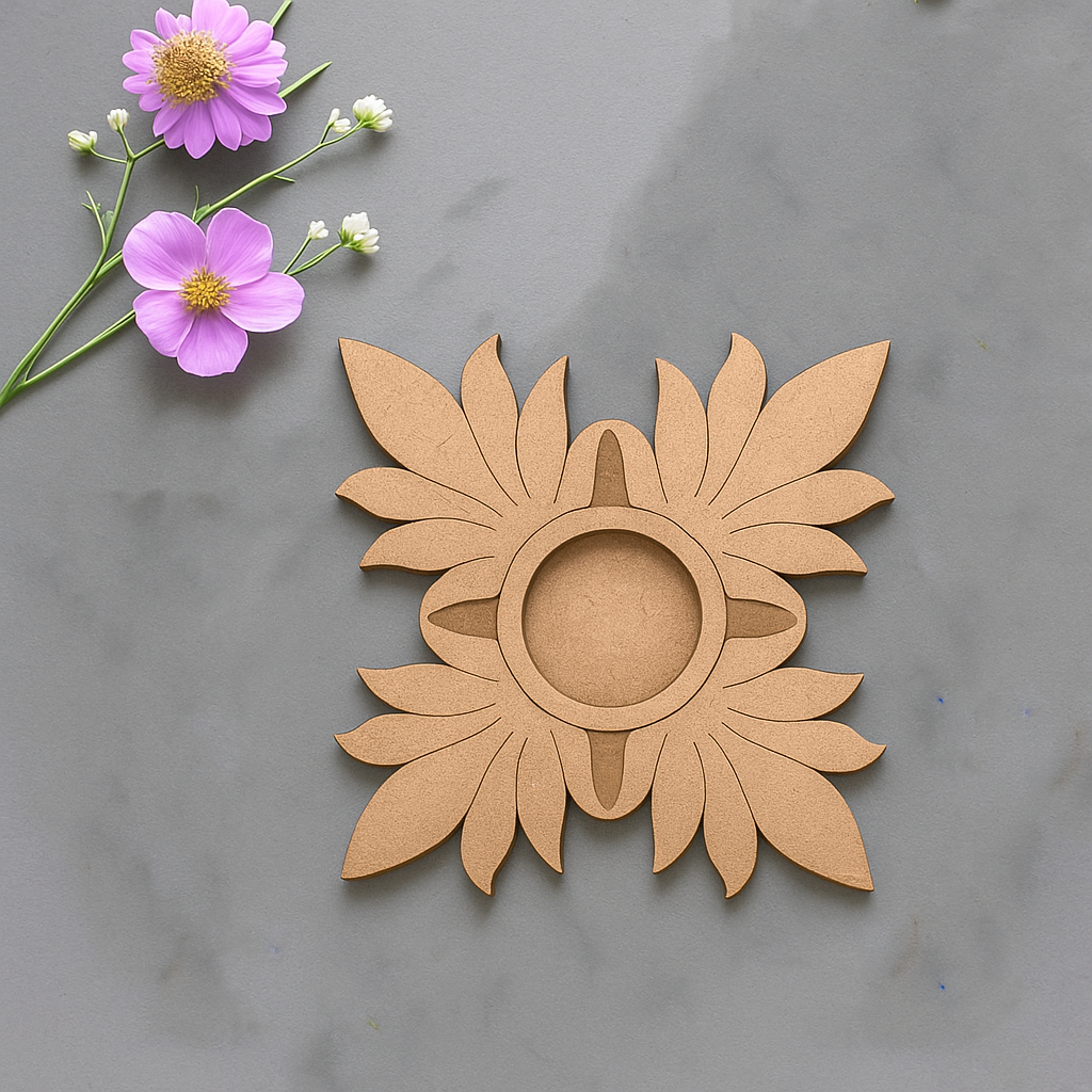 Floral MDF tealight holder in flower design on marble surface with pink flowers