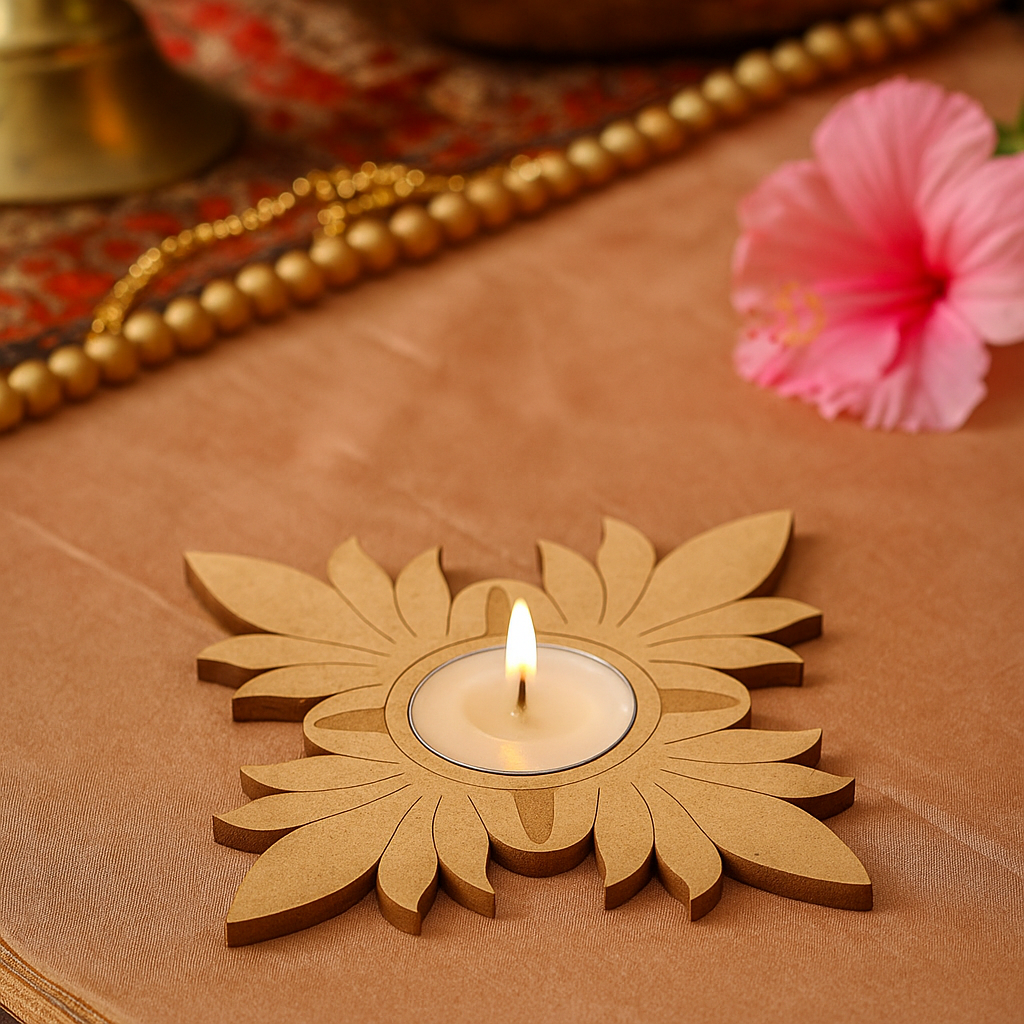 Floral MDF tealight holder in flower design show on table 